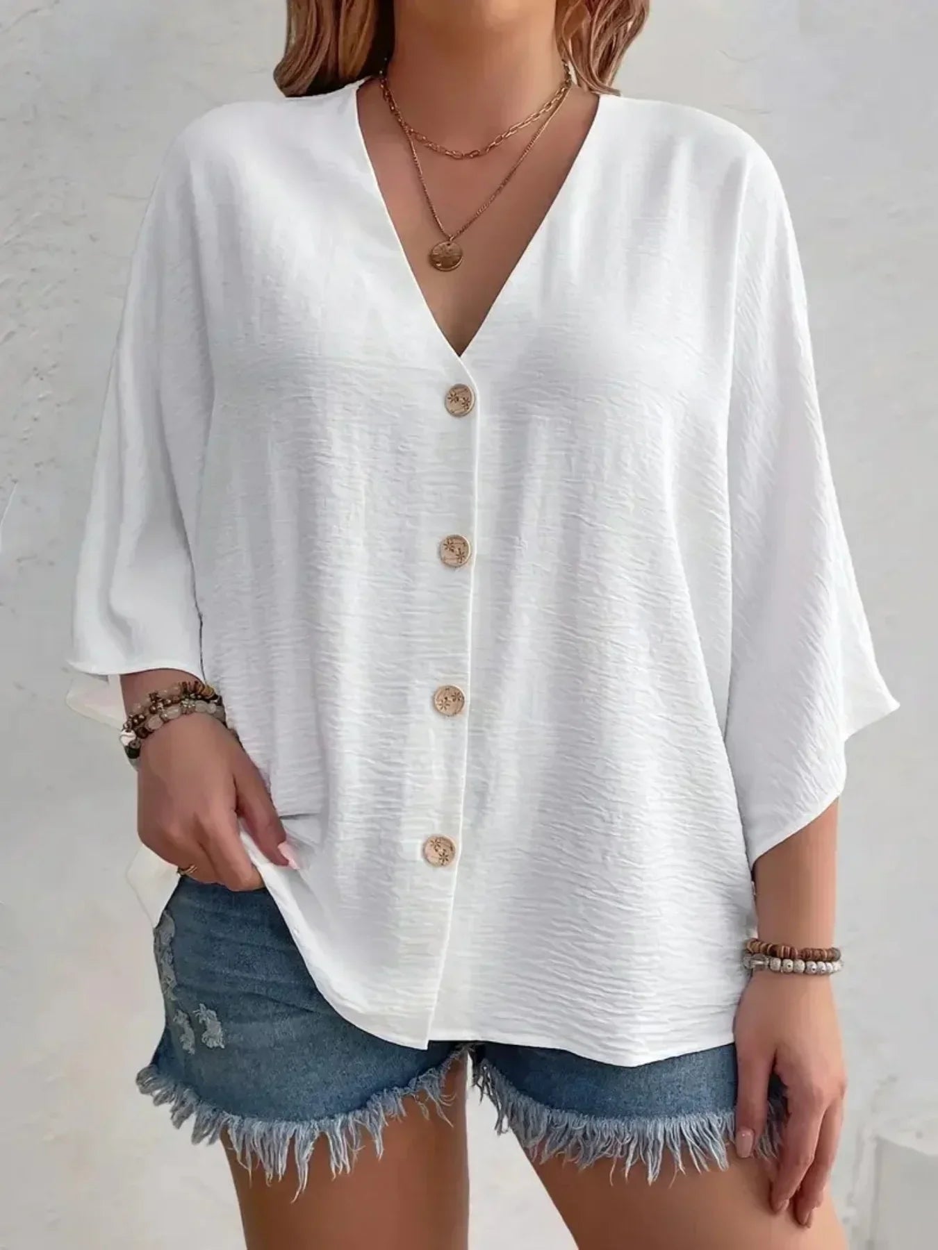 Holm™ | Signe – Bluse med knaplukning og ¾-ærmer