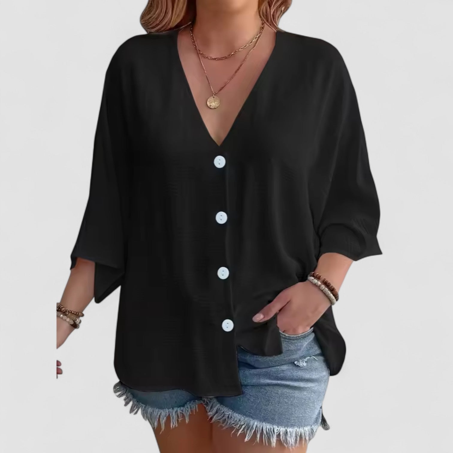 Holm™ | Signe – Bluse med knaplukning og ¾-ærmer